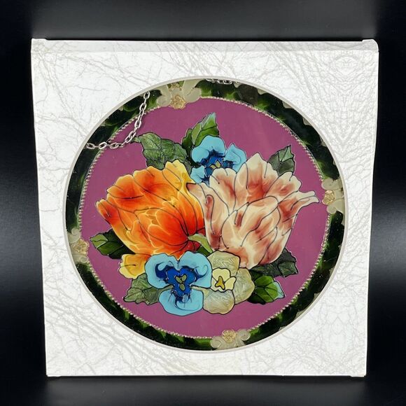 Joan Baker Designs Art Glass Suncatcher Bright Flowers Hand Painted Bird Garden - Picture 8 of 11